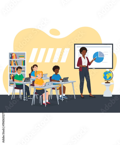 Diverse elementary students engage in modern digital learning activities guided by an attentive teacher