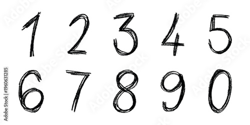 Hand drawn black numbers 1 2 3 4 5 6 7 8 9 0 Stylish brush painted numbers with pencil texture Count, math, kids education