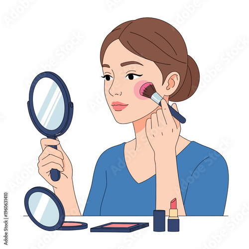 Woman applying blush with makeup brush, looking in mirror, beauty routine