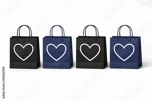Four heart design tote bags in black and dark blue