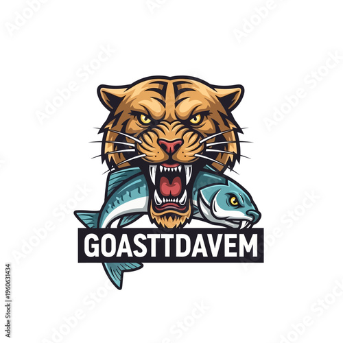 Aggressive Tiger Head Biting Fish with Text GOASTTDA VEM - Fierce Predator Logo