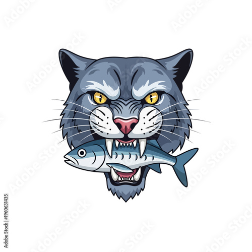 Fierce Cat Head Biting a Fish, Aggressive Predator, Hunter, Wild Animal, Carnivore