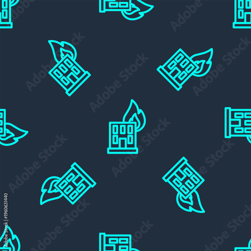Green line Fire in burning building on city street icon isolated seamless pattern on blue background. Destroyed city on fire. Vector