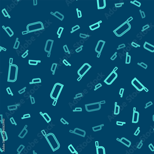 Green line Hacksaw icon isolated seamless pattern on blue background. Metal saw for wood and metal. Vector