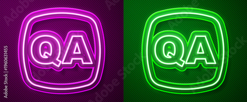 Glowing neon line Speech bubbles with Question and Answer icon isolated on purple and green background. Q and A symbol. FAQ sign. Chat speech bubble and chart. Vector