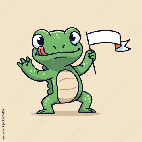 Cute cartoon frog holding a white flag, licking its lips, playful and happy