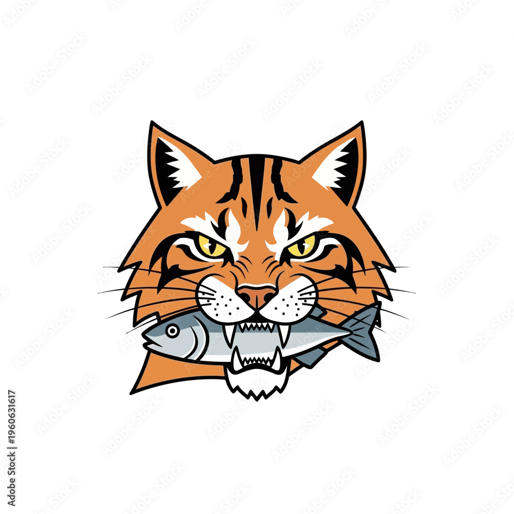 Fototapeta premium Fierce Bobcat with Fish in Mouth, Aggressive Predator Hunting, Wild Animal, Nature Wildlife