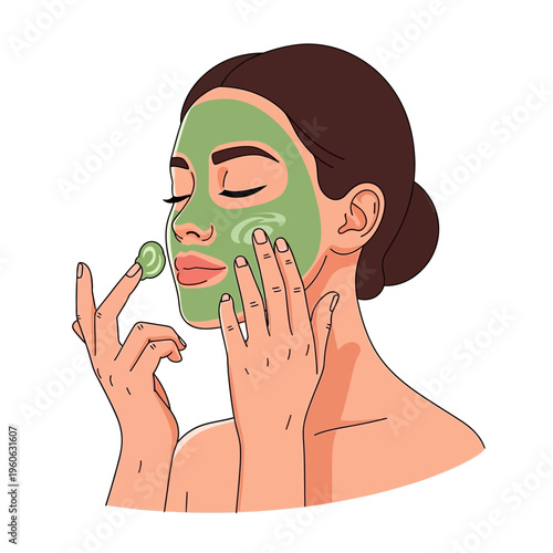 Woman applying green clay face mask for skincare and beauty treatment
