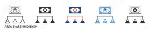 Financial distribution structure icon set, illustrating money allocation, profit sharing, or payment flow among a group of people in a business or team context