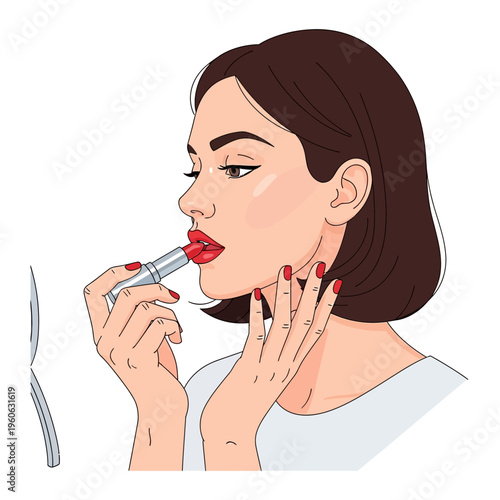 Woman applying red lipstick in mirror, beauty routine, makeup application, close-up portrait