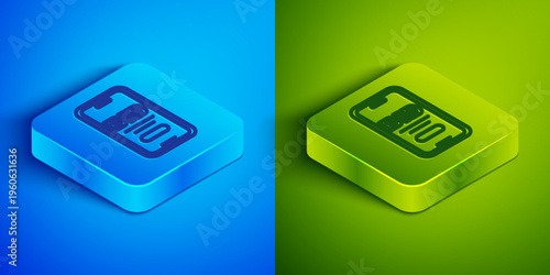 Isometric line Online auction icon isolated on blue and green background. Bid sign. Auction bidding. Sale and buyers. Square button. Vector