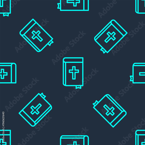 Green line Holy bible book icon isolated seamless pattern on blue background. Vector