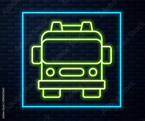 Glowing neon line Fire truck icon isolated on brick wall background. Fire engine. Firefighters emergency vehicle. Vector