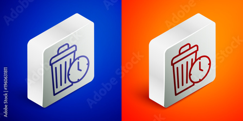 Isometric line Waste of time icon isolated on blue and orange background. Trash can. Garbage bin sign. Recycle basket icon. Office trash icon. Silver square button. Vector