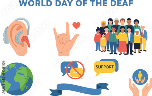 World Day of the Deaf Celebration with Diverse Community Support and Inclusion Symbols