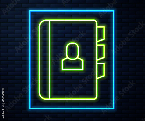 Glowing neon line Resume icon isolated on brick wall background. CV application. Searching professional staff. Analyzing personnel resume. Vector