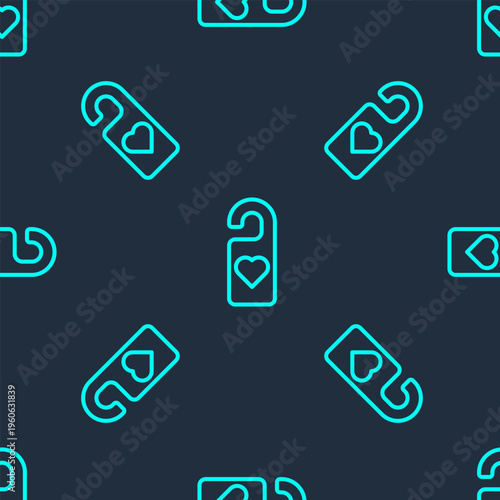 Green line Please do not disturb with heart icon isolated seamless pattern on blue background. Hotel Door Hanger Tags. Vector