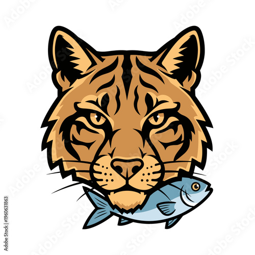 Bobcat Hunter Cat Face with Fish in Mouth, Wild Animal Predator Catching Prey