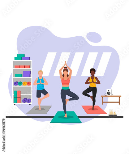 A diverse group of men and women practicing yoga, performing tree pose for balance, wellness, and mindful exercise.