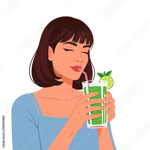 Woman Enjoying Refreshing Green Smoothie with Lime and Mint