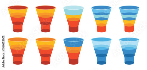 Funnel chart segmentation, colorful infographic diagram, 2 to 6 part funnel stages, business process visualization, marketing and sales workflow illustration