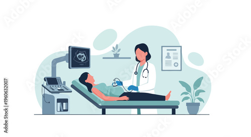 Obstetrician Performing Ultrasound Pregnancy Check with Monitor Screen in Clinic Vector Illustration