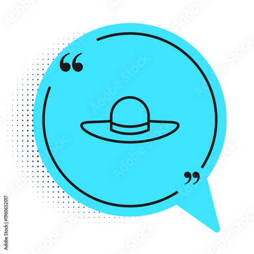 Black line Elegant women hat icon isolated on white background. Blue speech bubble symbol. Vector