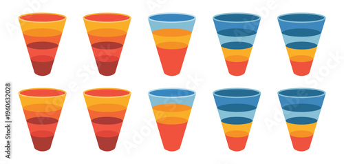 Funnel chart segmentation, colorful infographic diagram, 2 to 6 part funnel stages, business process visualization, marketing and sales workflow illustration