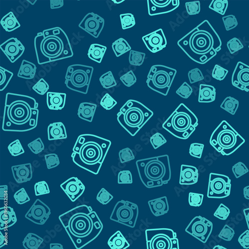 Green line Photo camera icon isolated seamless pattern on blue background. Foto camera. Digital photography. Vector