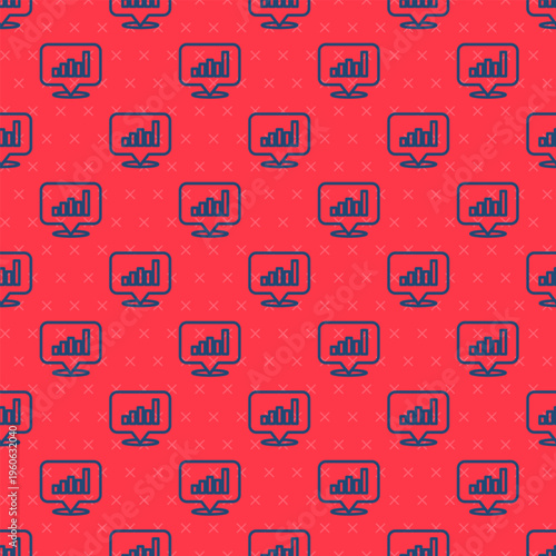 Blue line Pie chart infographic icon isolated seamless pattern on red background. Diagram chart sign. Vector