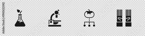 Set Plant breeding, Microscope, Genetically modified food and Medical rubber gloves icon. Vector