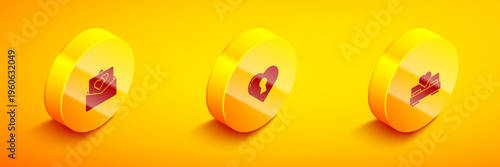 Set Isometric Greeting card, Heart with keyhole and Bedroom icon. Vector