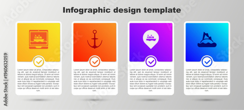 Set Cruise ship, Anchor, Location with cruise and Tropical island in ocean. Business infographic template. Vector