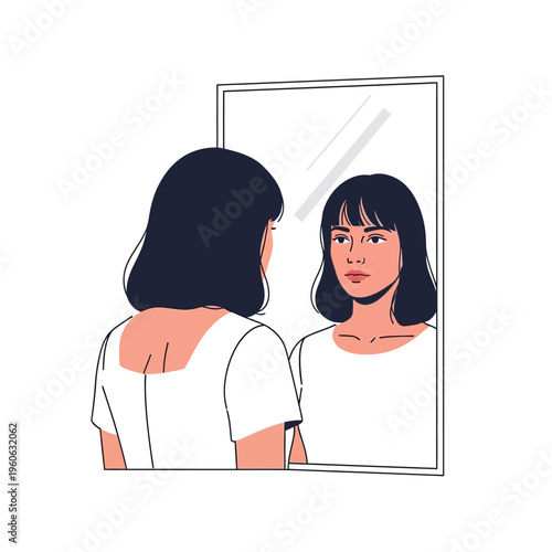 Woman looking in mirror reflection, self-awareness, introspection, identity, personal growth concept