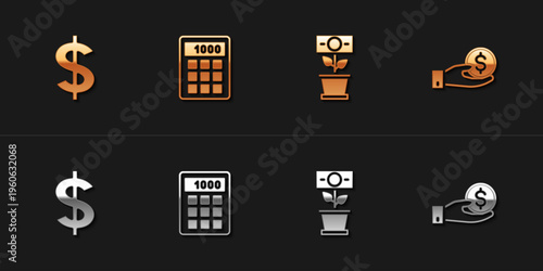 Set Dollar symbol, Calculator, Money plant in the pot and Hand giving money icon. Vector