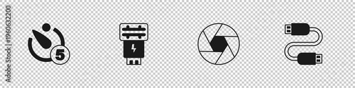 Set Camera timer, Photo camera flash, shutter and USB cable cord icon. Vector