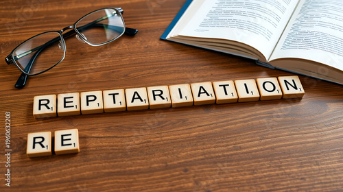 repatriation word or concept represented by wooden letter tiles on a wooden table with glasses and a book
