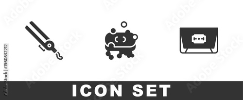 Set Curling iron, Bar of soap with foam and Blade razor icon. Vector