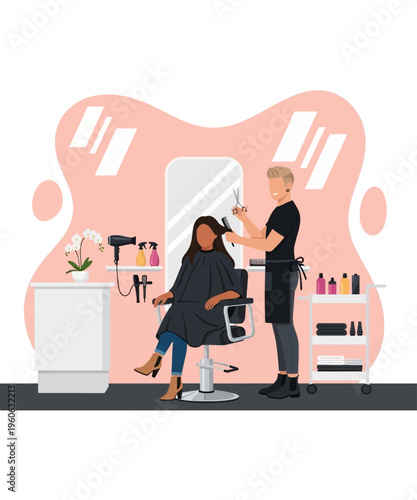 Stylist precisely cuts a seated client's long brown hair using professional scissors and a comb