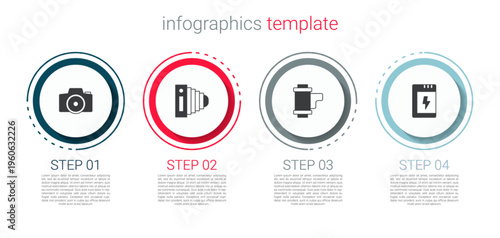 Set Photo camera, , Camera roll cartridge and Battery for. Business infographic template. Vector