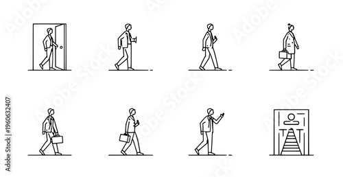 Stick figures of businessmen walking in different positions