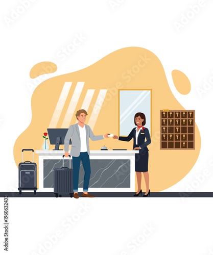Guest checking into a modern hotel receives a key card from a professional female concierge agent