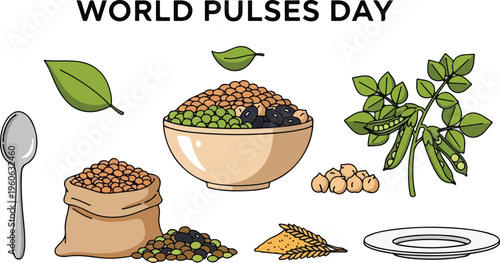 World Pulses Day Celebration with Variety of Legumes, Grains, and Leafy Greens