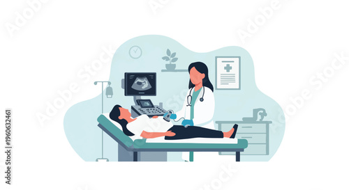 Obstetrician Ultrasound USG Pregnancy Check with Monitor Screen in Clinic Vector Illustration