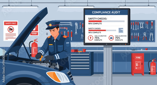 Police officer inspecting a car engine in a garage.