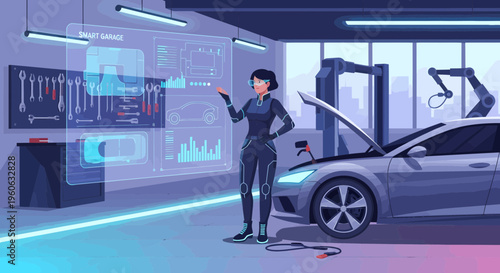 Woman interacting with futuristic car diagnostic interface.