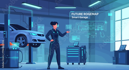 Woman Mechanic Inspecting Futuristic Smart Garage Technology.