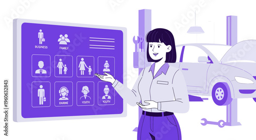 Woman presenting customer profiles on a digital screen.