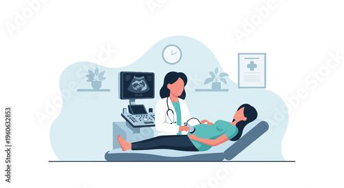 Obstetrician Performing Ultrasound Pregnancy Check with Monitor Screen in Clinic Vector Illustration