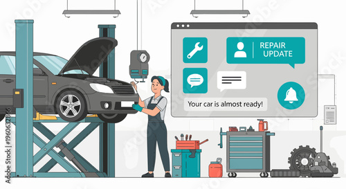 Car Mechanic Working on Vehicle with Digital Repair Update Screen.